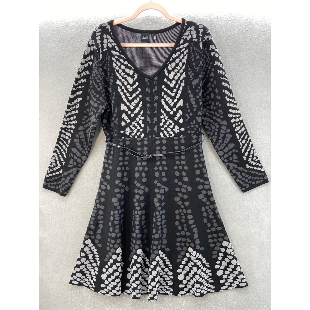 Black Saks Fifth Avenue Dress Womens XL Sweater Geometric Fit Flare Belted Black